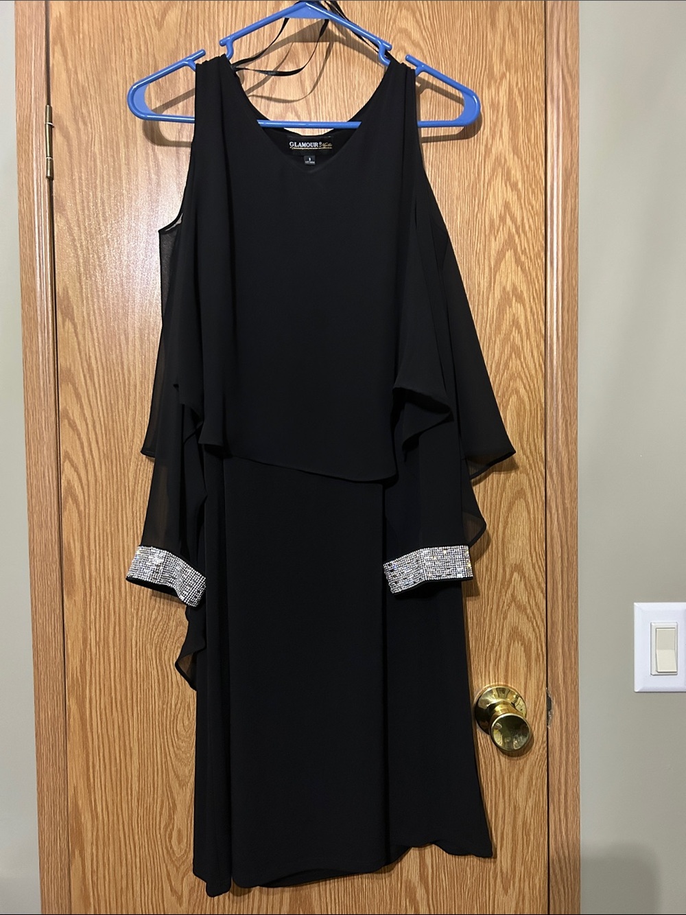 Black Cold-Shoulder Evening Dress with Rhinestone Cuffs